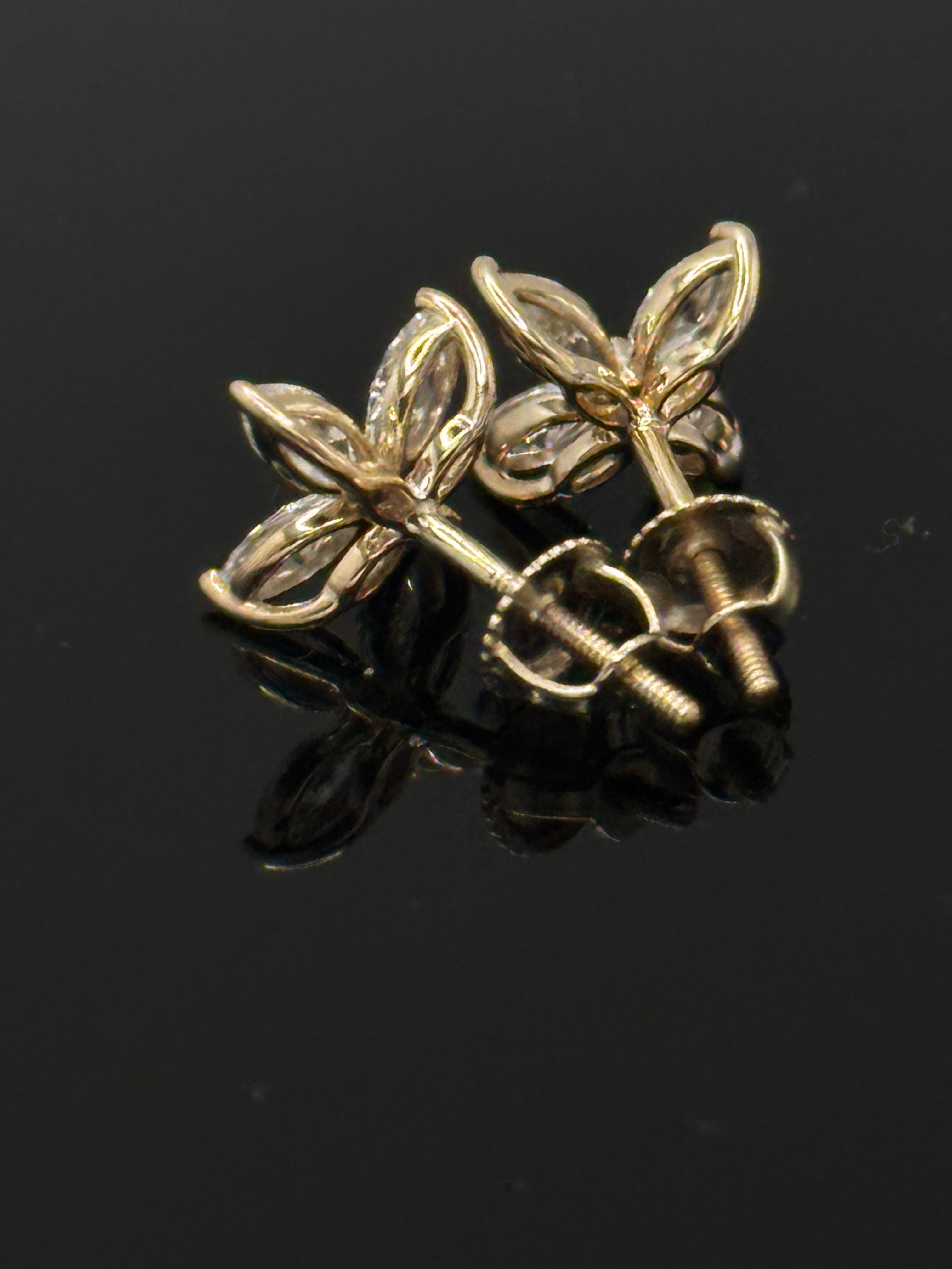 14K Yellow Gold 1.0 Cttw Lab-Grown Marquise Diamond Floral Leaf Stud Earrings