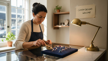 Jeweler arranging custom engagement rings in boutique display