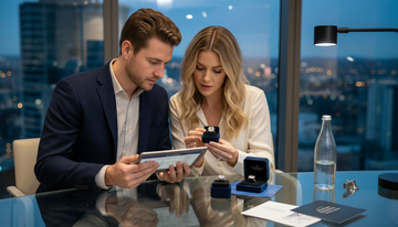 Couple comparing lab-grown diamond rings in showroom