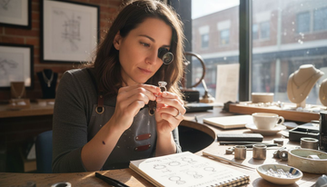 Jeweler inspecting lab diamond engagement ring at workbench