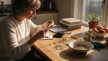 Woman sorting gold jewelry on kitchen table