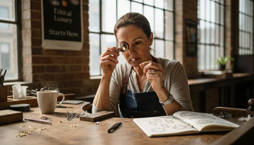 Jeweler examines lab-grown diamond in studio