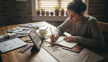 Woman sketching custom ring design at table