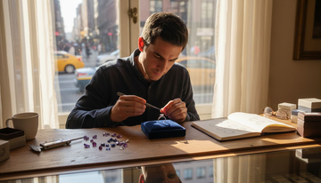Jeweler adjusting engagement ring in sunlit studio
