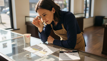 Jeweler comparing lab-grown and natural diamonds in glass display