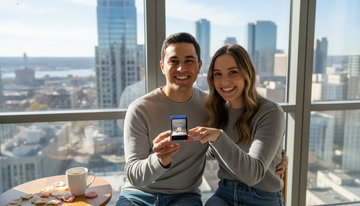 Couple viewing lab diamond engagement ring