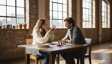 Couple admiring modern engagement ring at home