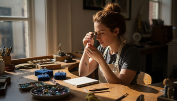 Jeweler inspecting lab-grown diamond at workbench