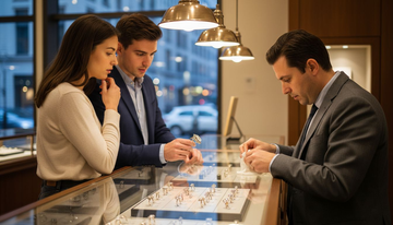 Couple reviewing rings at jewelry counter