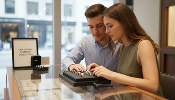 Couple reviewing lab-grown diamond rings at jewelry counter