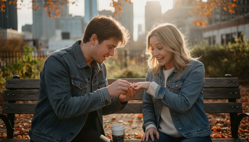 Couple exchanging engagement ring on park bench