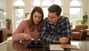 Couple examining lab grown diamond rings