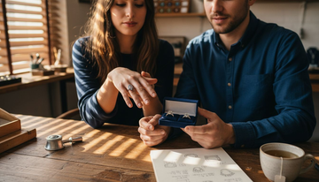 Couple comparing custom engagement rings in studio