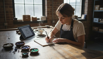 Jewelry designer sketching in sunlit studio