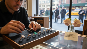 Jeweler arranging custom luxury engagement rings