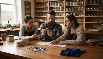 Couple and designer reviewing custom jewelry sketches