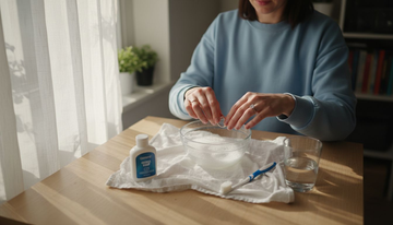 Woman prepares workspace to clean diamond ring