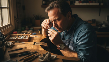 Jeweler inspecting diamond ring setting at bench