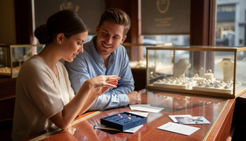 Couple choosing engagement ring at jewelry counter