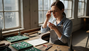 Jeweler inspecting custom diamond jewelry in studio