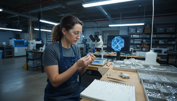 Technician inspects lab-grown diamond in jewelry studio