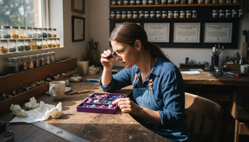 Jeweler inspecting ring at sunny workbench
