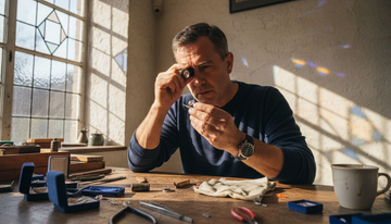Jeweler inspecting diamond cut at counter