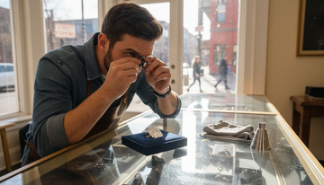 Jeweler inspecting diamond ring on tray