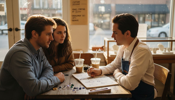 Couple consulting jeweler for custom ring