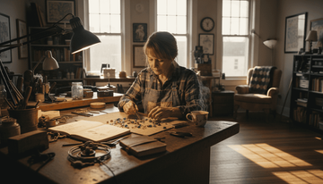 Jeweler sorting gems at cluttered bench