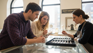 Couple inspecting lab-grown diamonds with jeweler