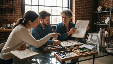 Jeweler showing necklace sketches to couple