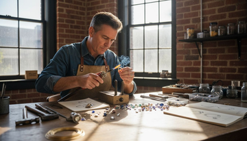 Artisan jeweler crafting gold ring in studio