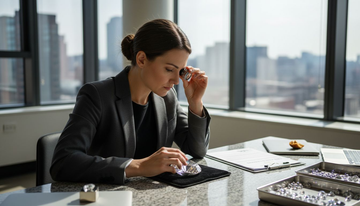 Gemologist inspecting lab-grown diamond in office