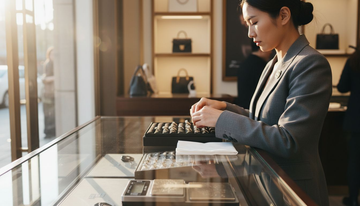 Sales associate arranging diamond rings in boutique