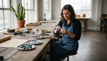 Jewelry artisan polishing ring in sunlit studio