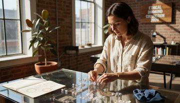 Designer arranging ethical diamond earrings display