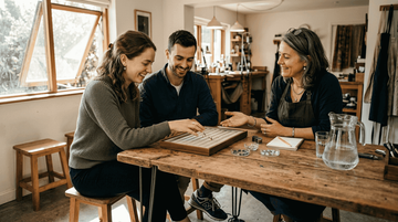 Couple choosing sustainable personalized wedding rings
