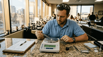 Gemologist weighing diamond in Denver showroom