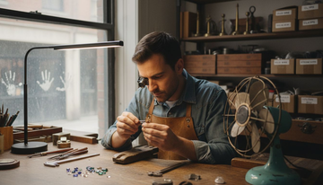 Jeweler working at busy ethical workbench