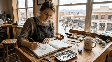 Jeweler sketching custom ring in sunny studio
