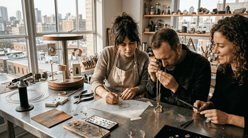 Jewelry designers collaborating in sunlit studio