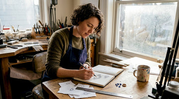 Jeweler sketching design in sunlit artisan studio