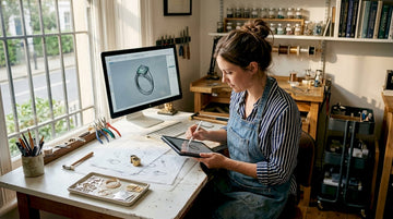 Jeweler using digital tools in sunny studio