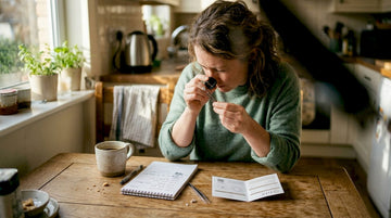 Woman checking diamond with loupe at kitchen table
