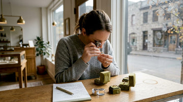 Jeweler examines luxury engagement rings in boutique store
