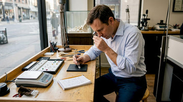 Gemologist evaluating diamond at workbench