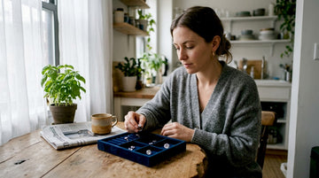 Woman examines lab-created gemstones at kitchen table