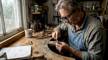 Jeweler crafting gold ring at wood workbench