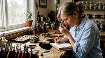 Jeweler inspecting ring hallmark at workbench